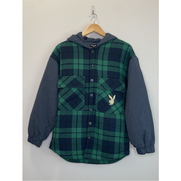 Playboy Pacsun Women's Plaid Boyfriend Jacket Navy Green Hoodie Jacket Size XS/S - Picture 4 of 11